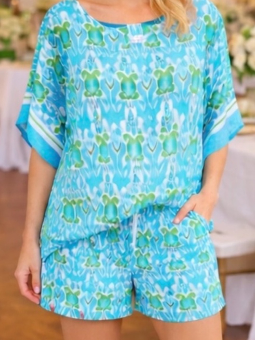 TALBOTS Ikat Silk Top with Cotton Shorts Size L 2 Piece Set RESORT VACATIONS